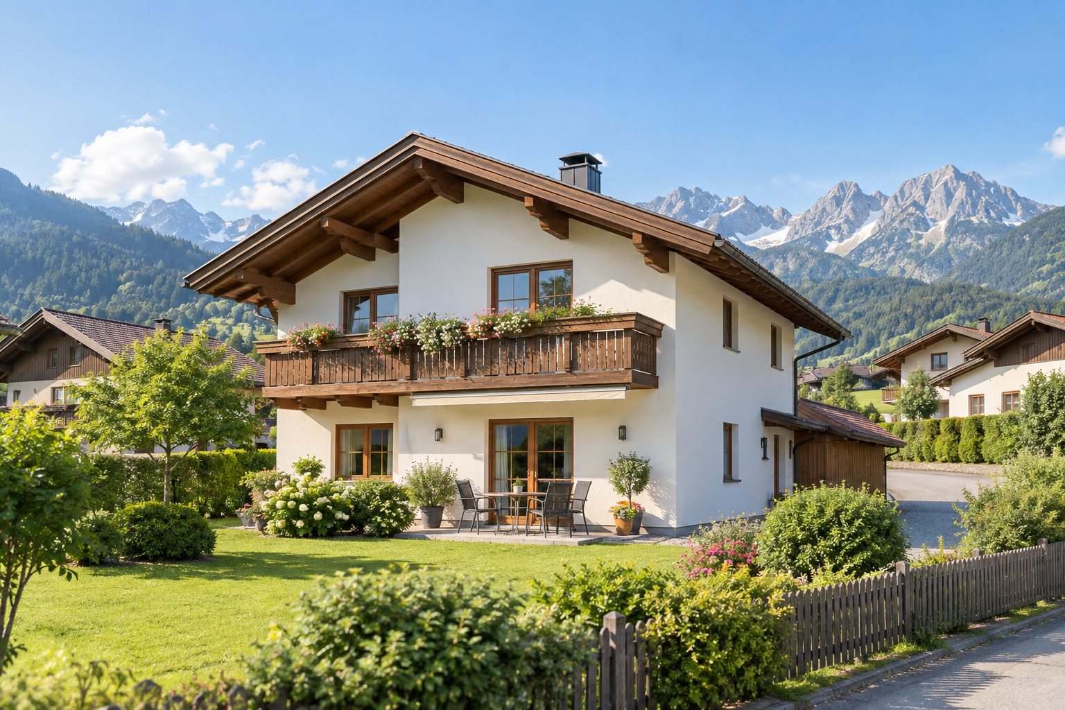 Tiroler Wohnhaus mit Holzbalkon, Garten und Bergen im Hintergrund